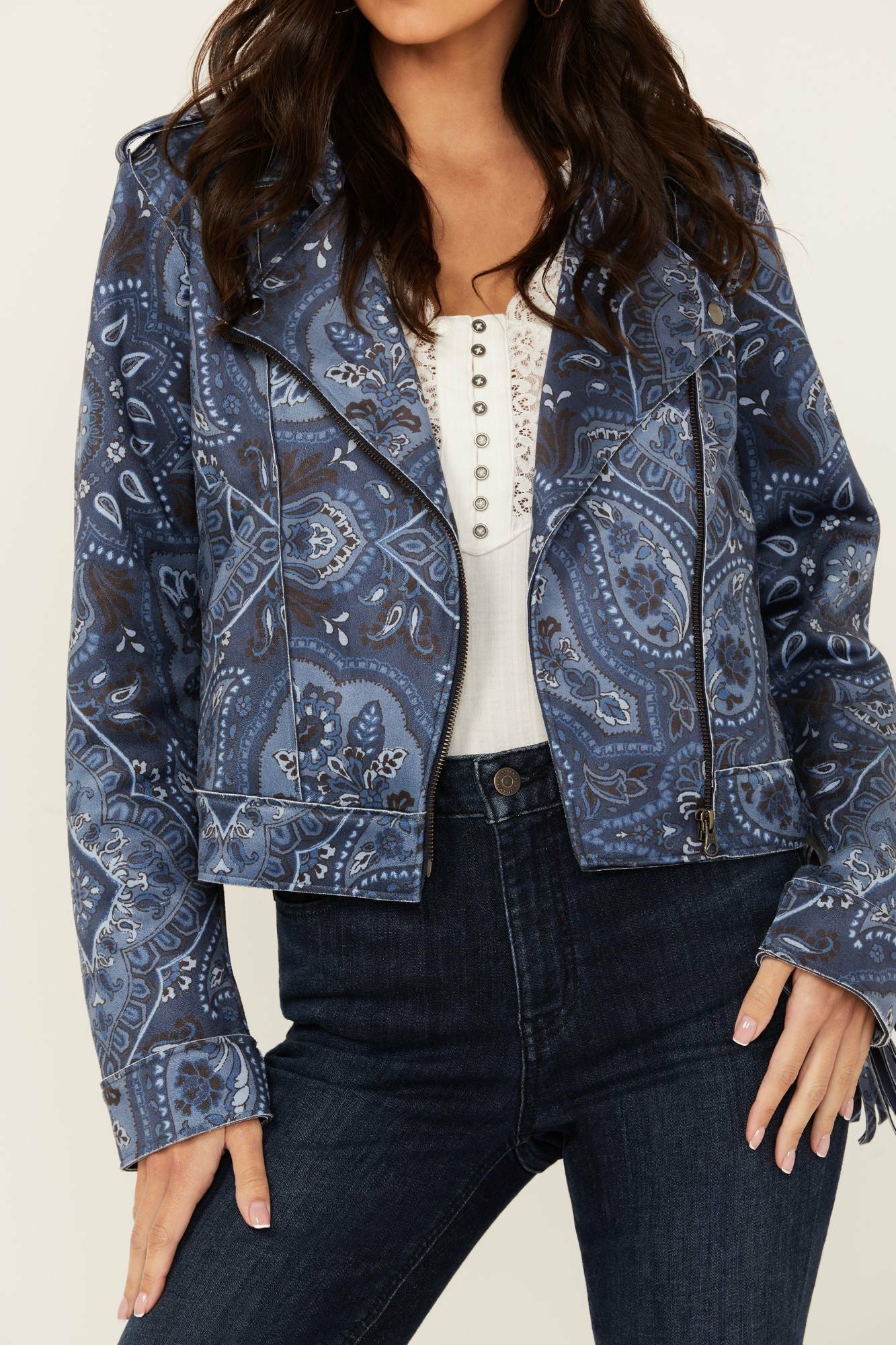 Idyllwind Banbury Printed Faux Suede Fringe Moto Jacket Steel Blue