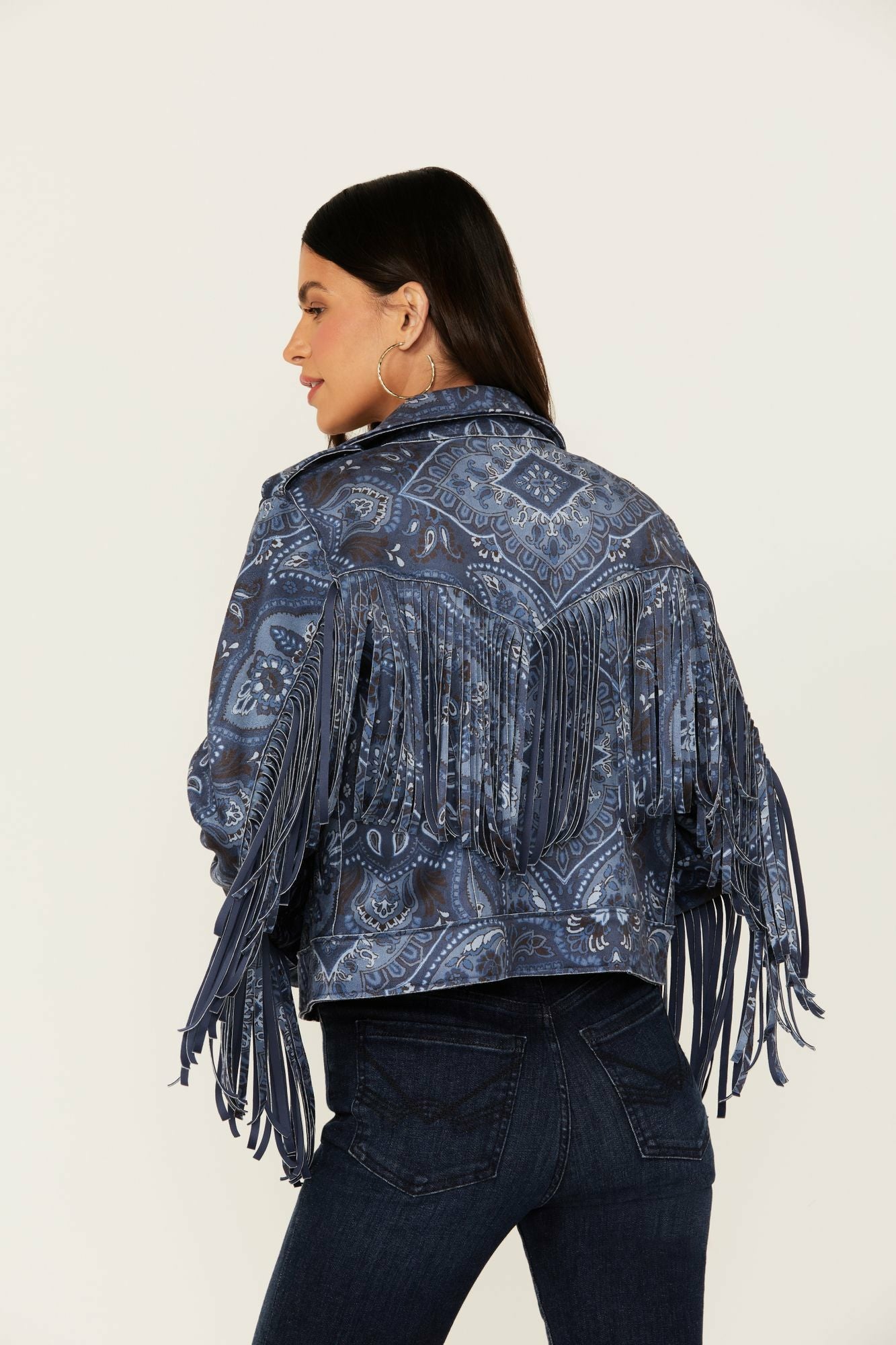 Idyllwind Banbury Printed Faux Suede Fringe Moto Jacket Steel Blue