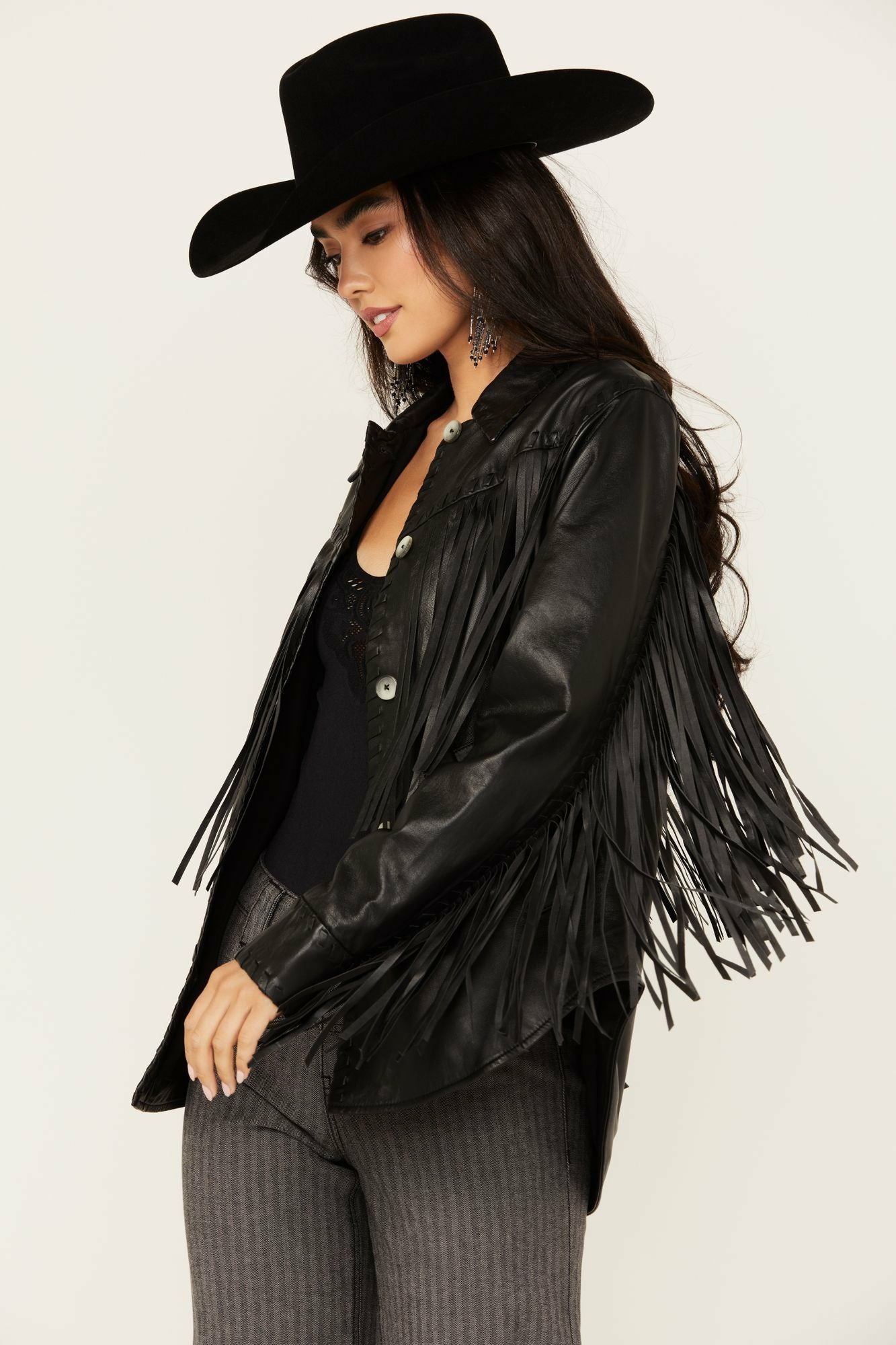 Idyllwind Amburn Leather Fringe Shacket Black