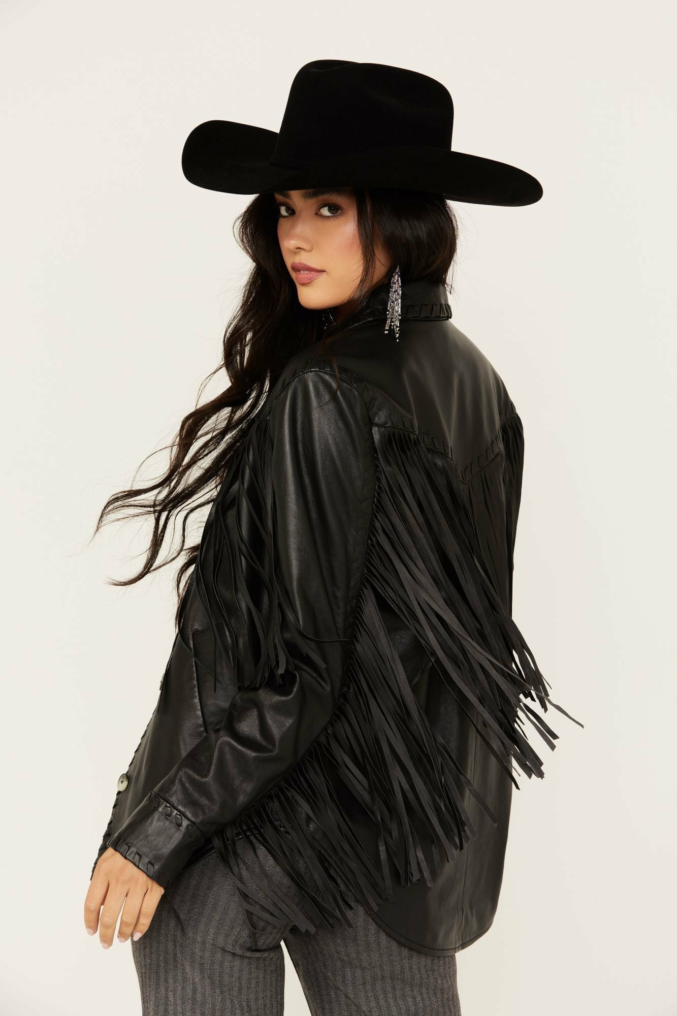 Idyllwind Amburn Leather Fringe Shacket Black