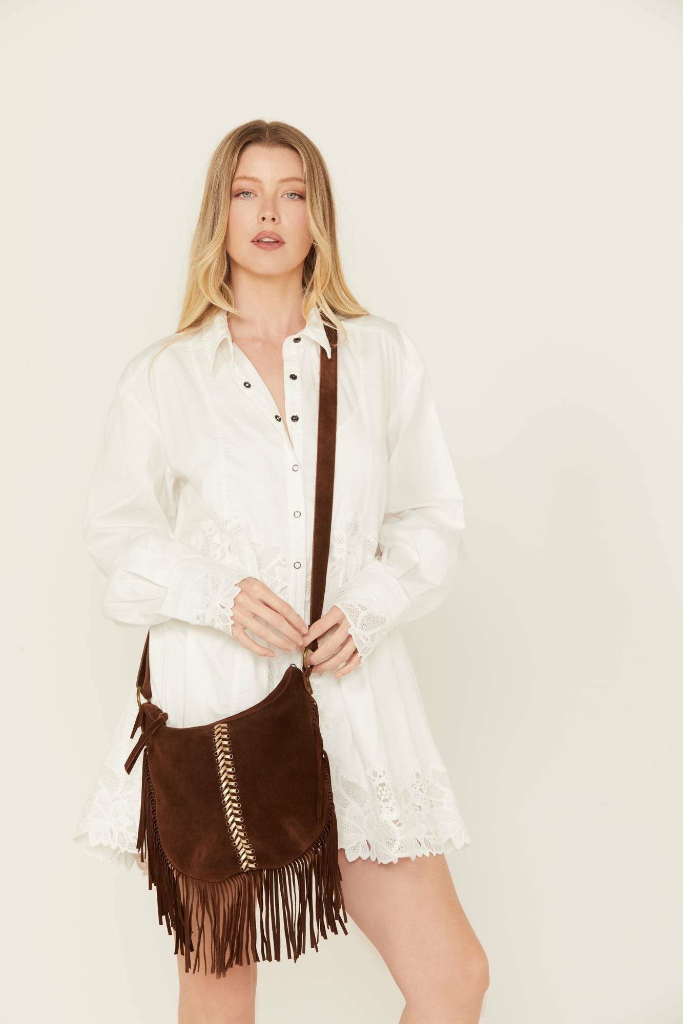 Idyllwind Perlita Suede Fringe Crossbody Bag Brown