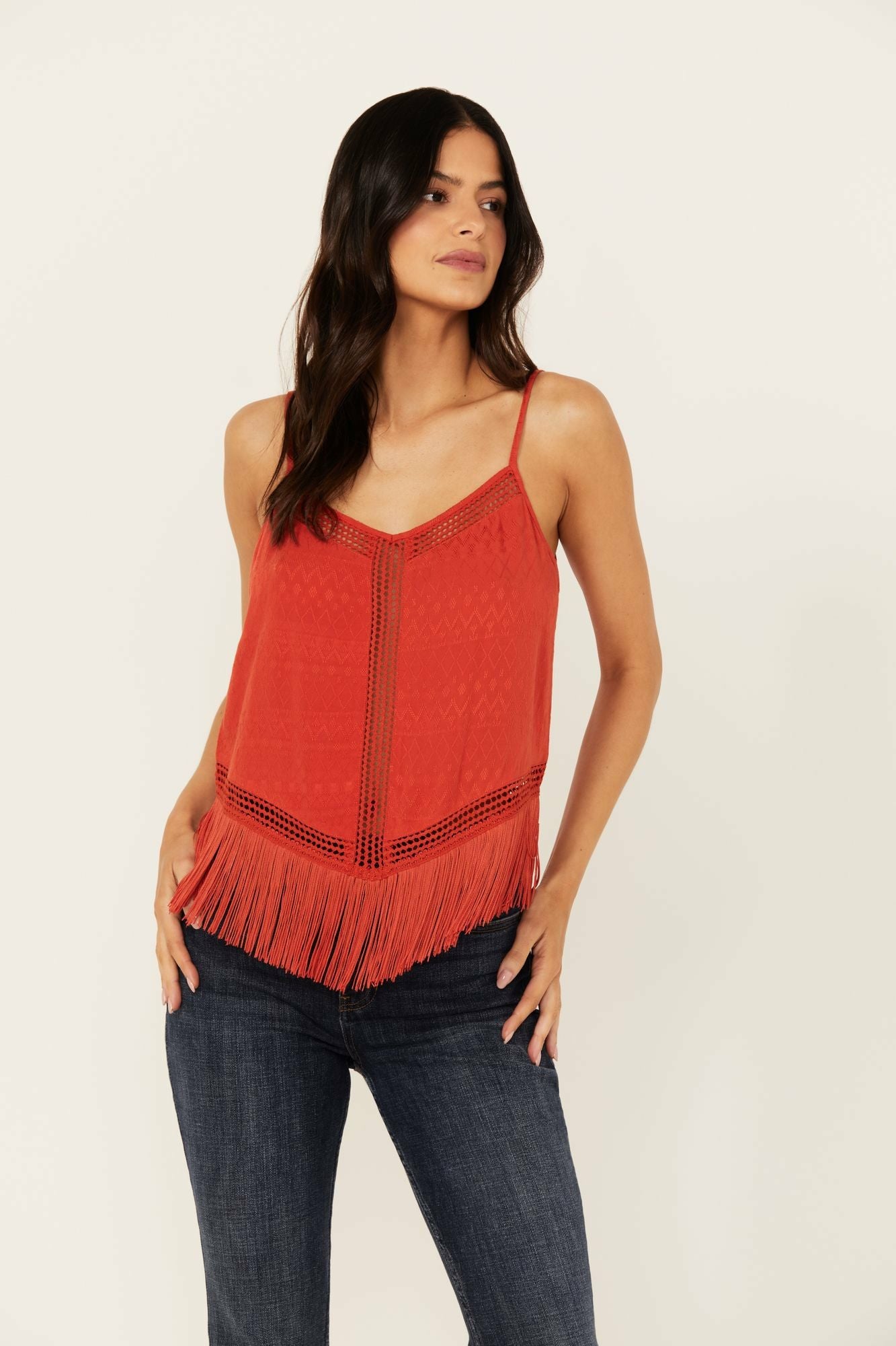 Idyllwind Briarwick Jacquard Print Fringe And Lace Tank Top Dark Orange