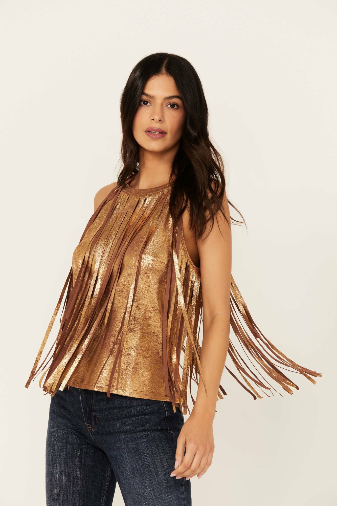 Idyllwind Prescott Foiled Faux Suede Fringe Tank Brown