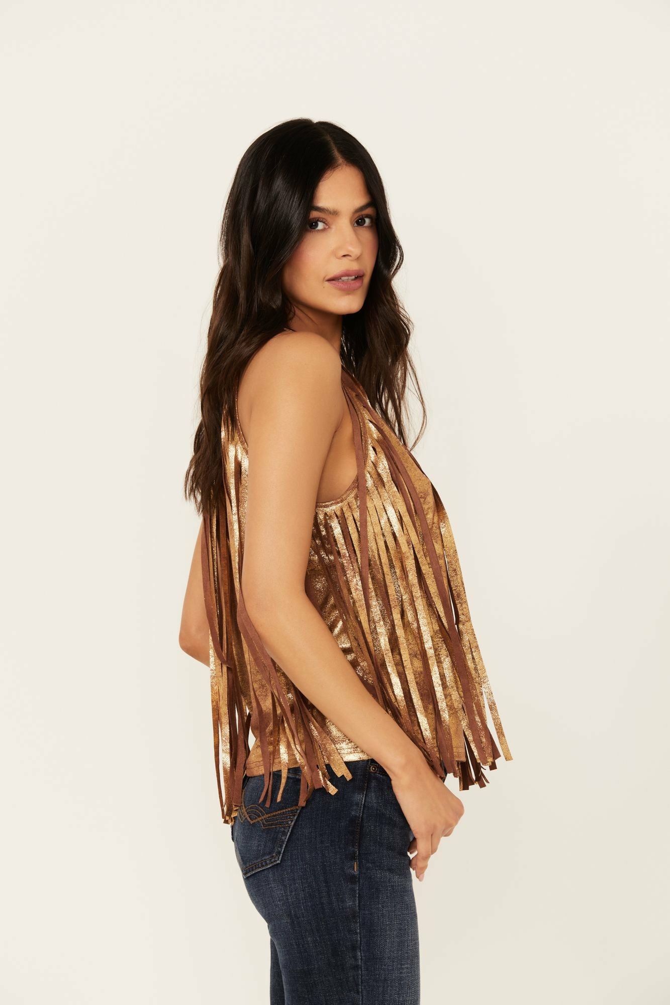 Idyllwind Prescott Foiled Faux Suede Fringe Tank Brown