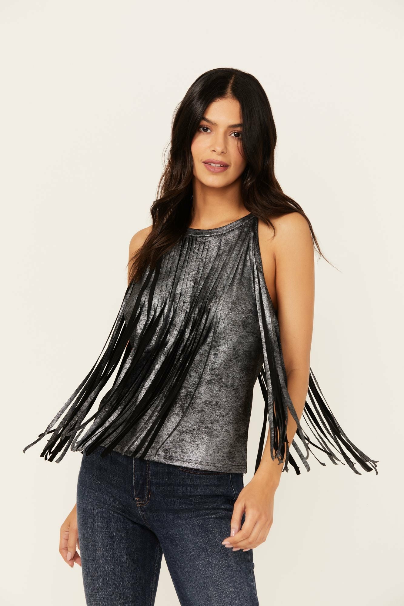 Idyllwind Prescott Foiled Faux Suede Fringe Tank Black