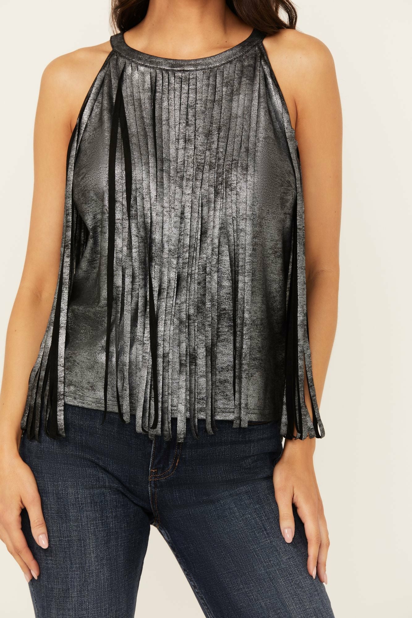 Idyllwind Prescott Foiled Faux Suede Fringe Tank Black