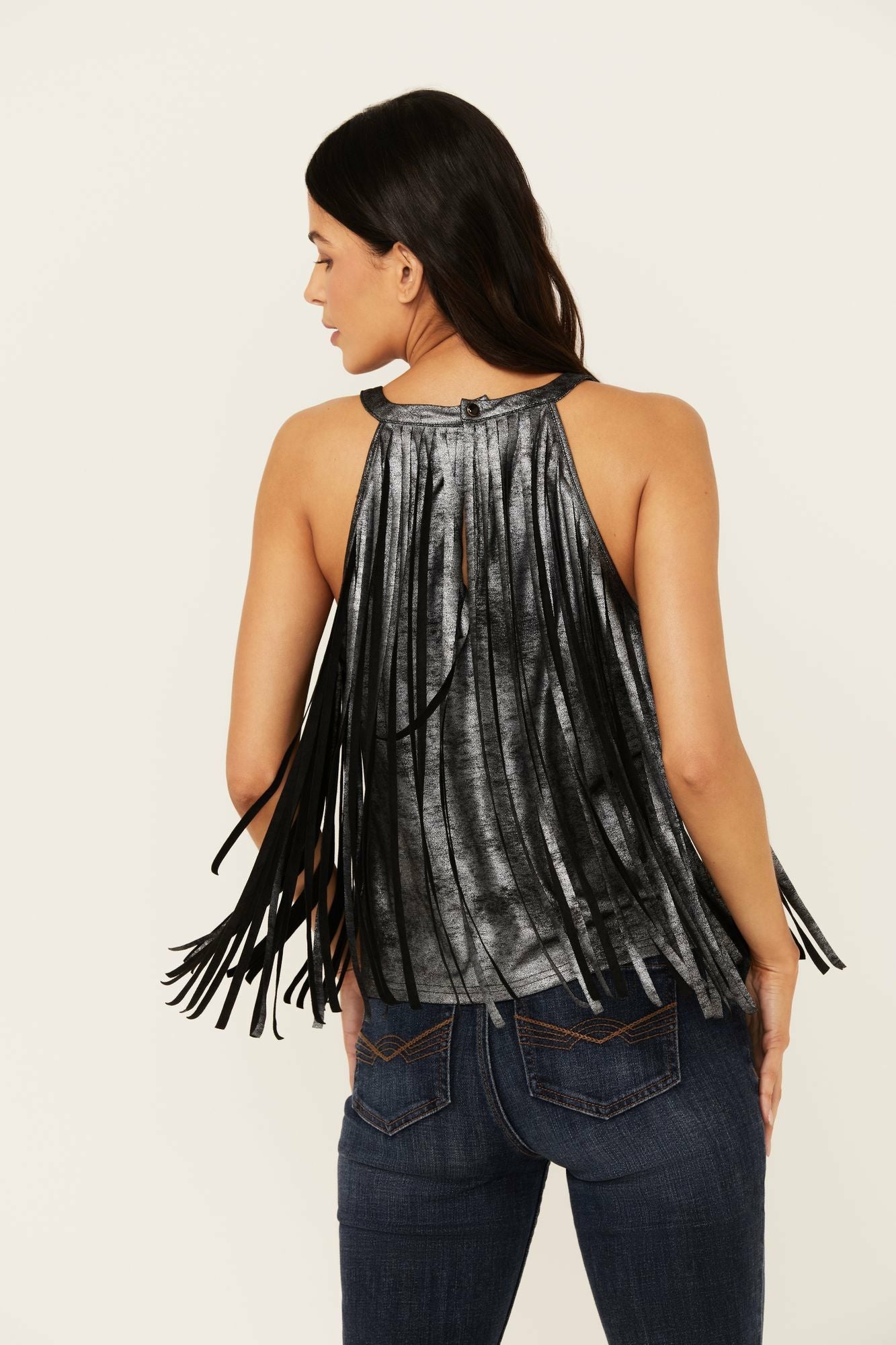Idyllwind Prescott Foiled Faux Suede Fringe Tank Black