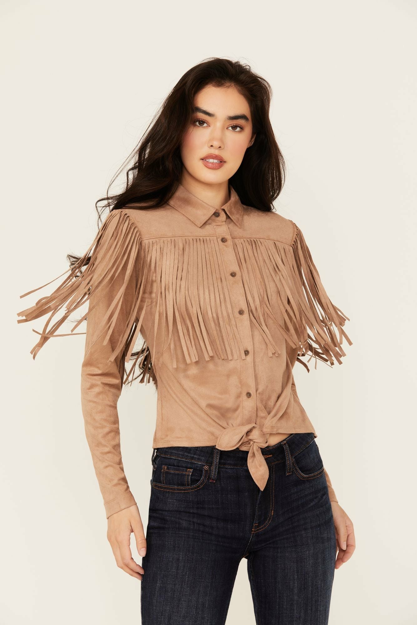 Idyllwind Fate Faux Suede Fringe Long Sleeve Button-Down Tie-Front Shirt Tan