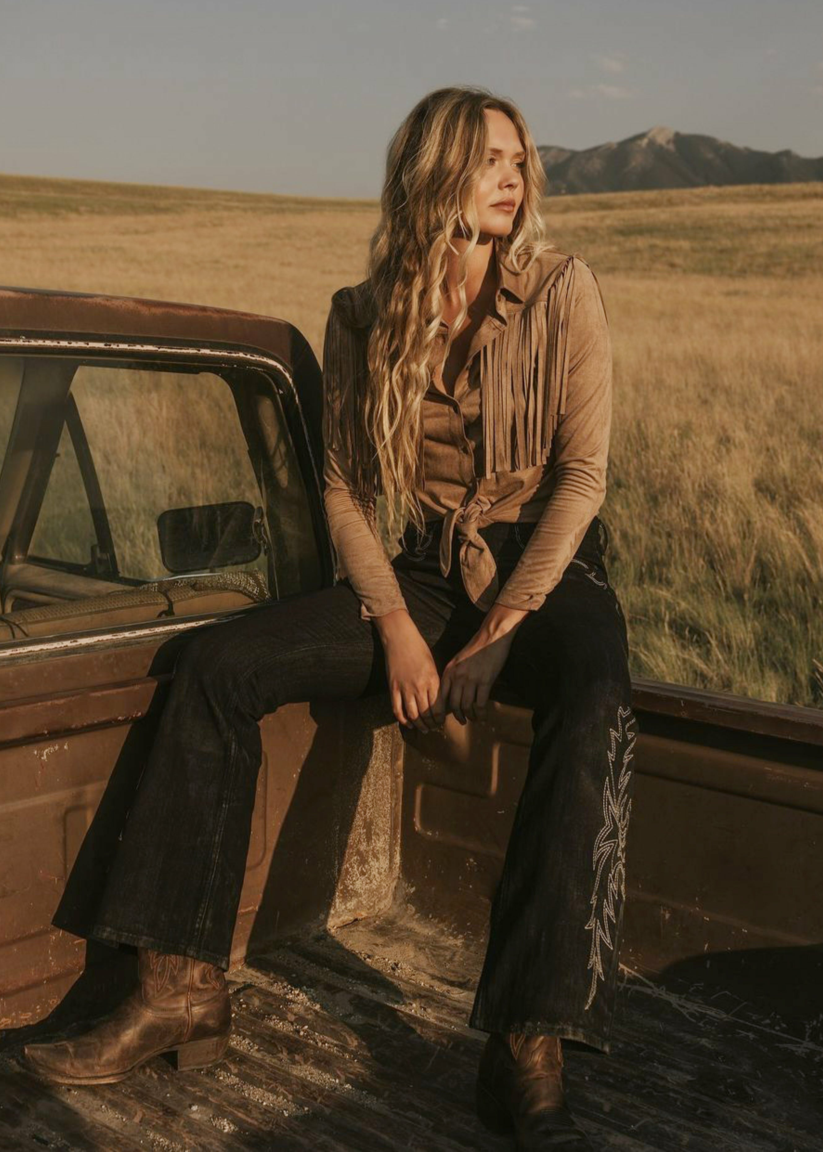 Idyllwind Fate Faux Suede Fringe Long Sleeve Button-Down Tie-Front Shirt Tan