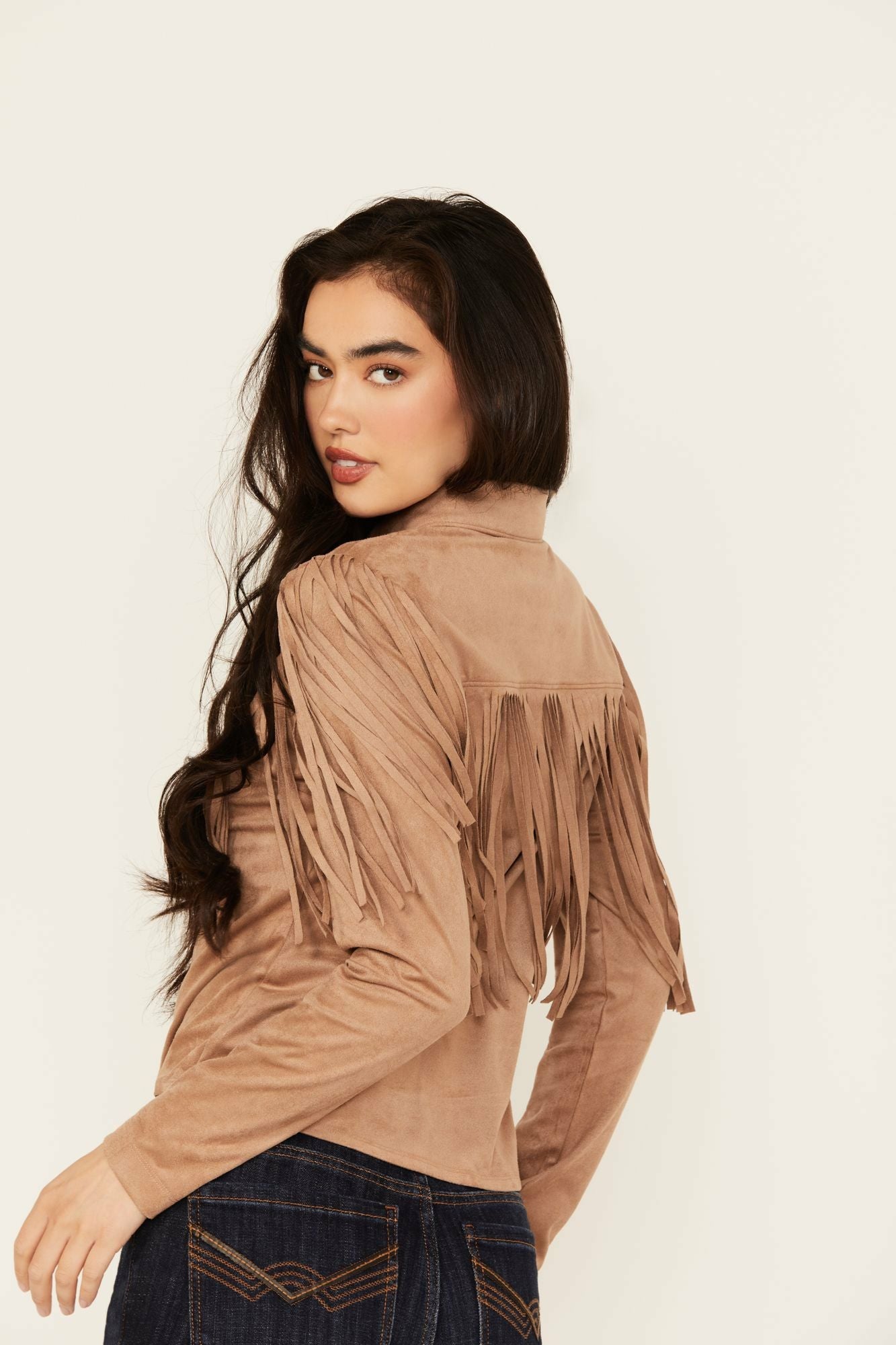 Idyllwind Fate Faux Suede Fringe Long Sleeve Button-Down Tie-Front Shirt Tan