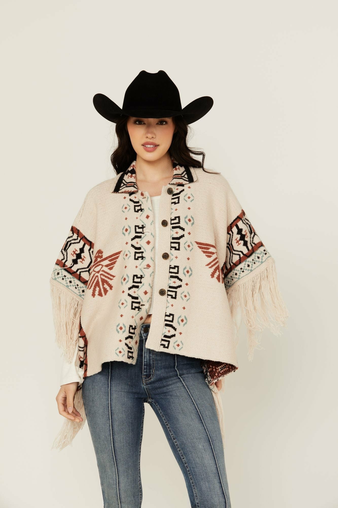 Idyllwind Flyaway Southwestern Print Fringe Button-Down Poncho Ivory