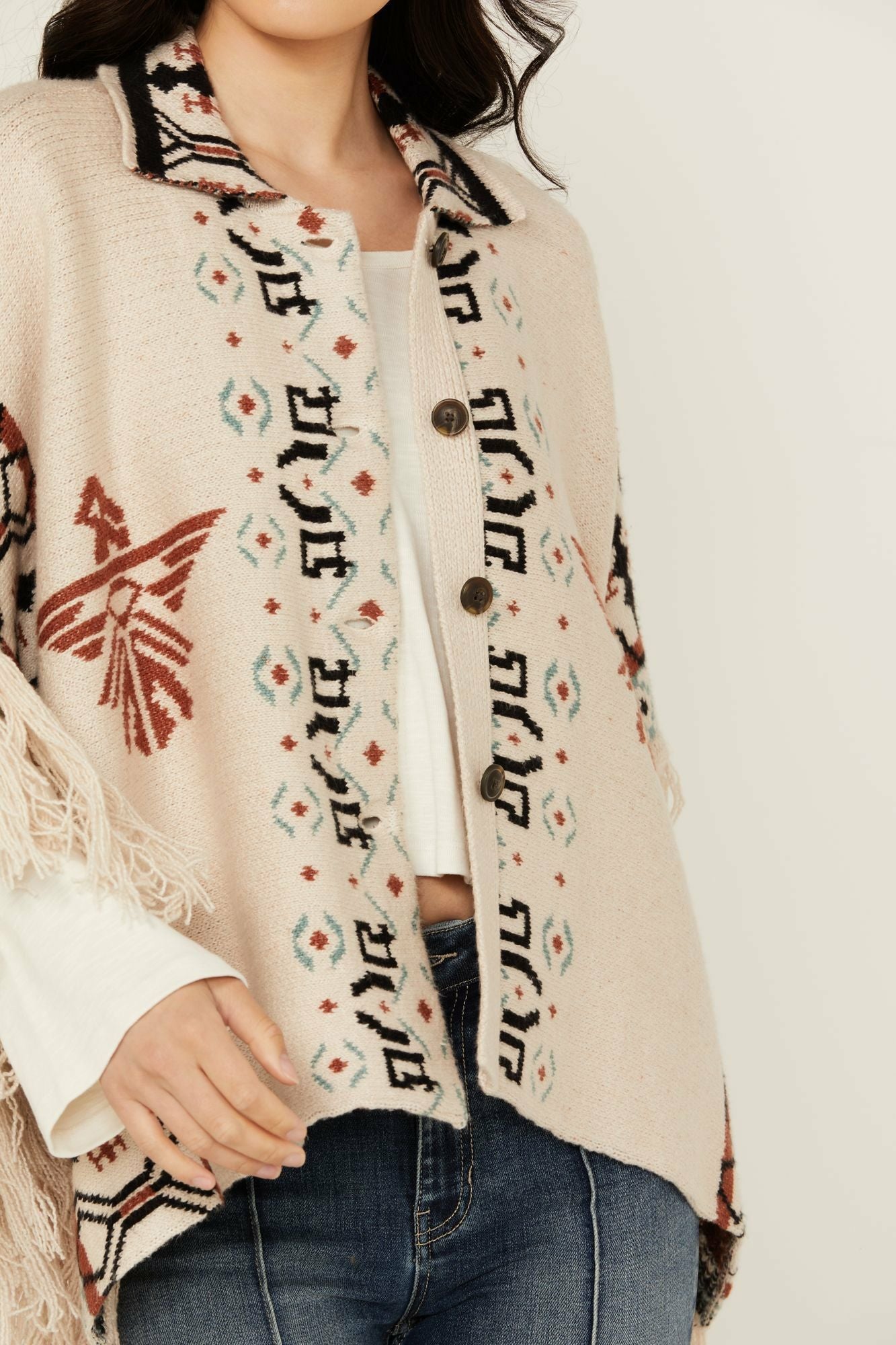 Idyllwind Flyaway Southwestern Print Fringe Button-Down Poncho Ivory