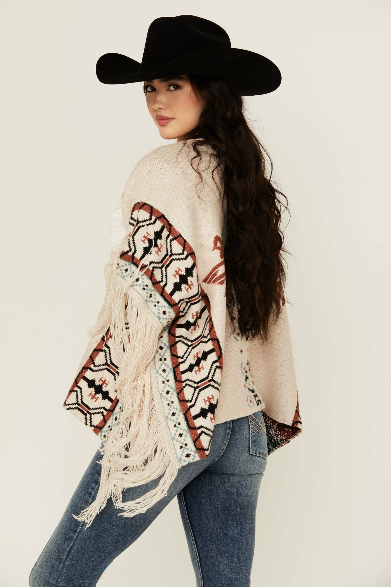 Idyllwind Flyaway Southwestern Print Fringe Button-Down Poncho Ivory