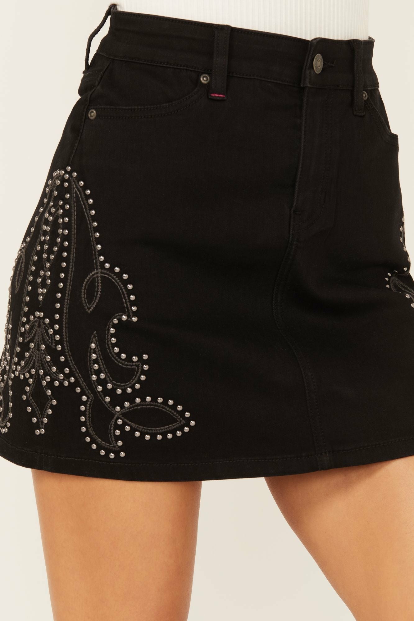 Idyllwind Burbank Embroidered And Studded Stretch Denim Skirt Black
