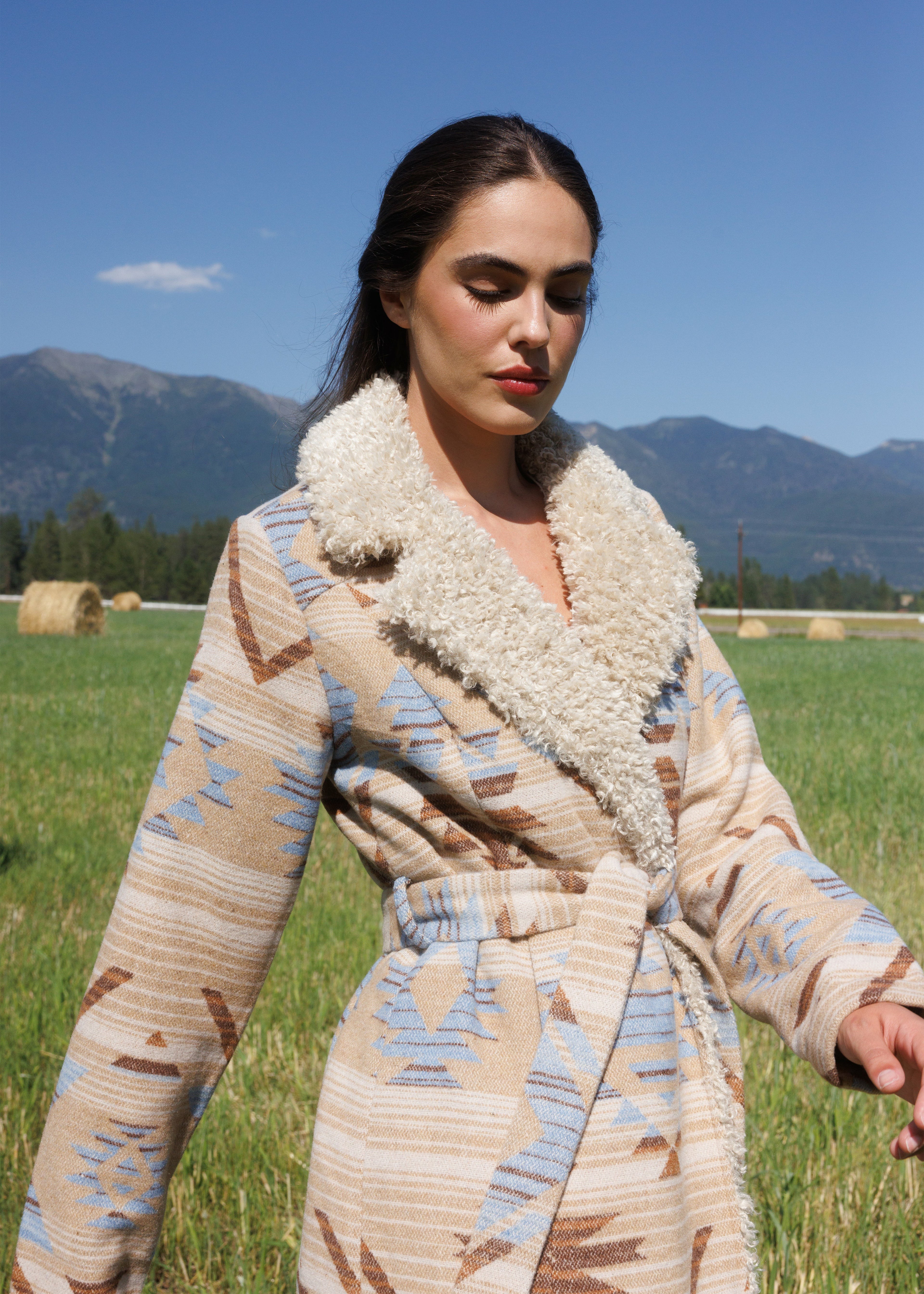 Idyllwind Lynn Southwestern Print Faux Fur Collar Shacket Sand