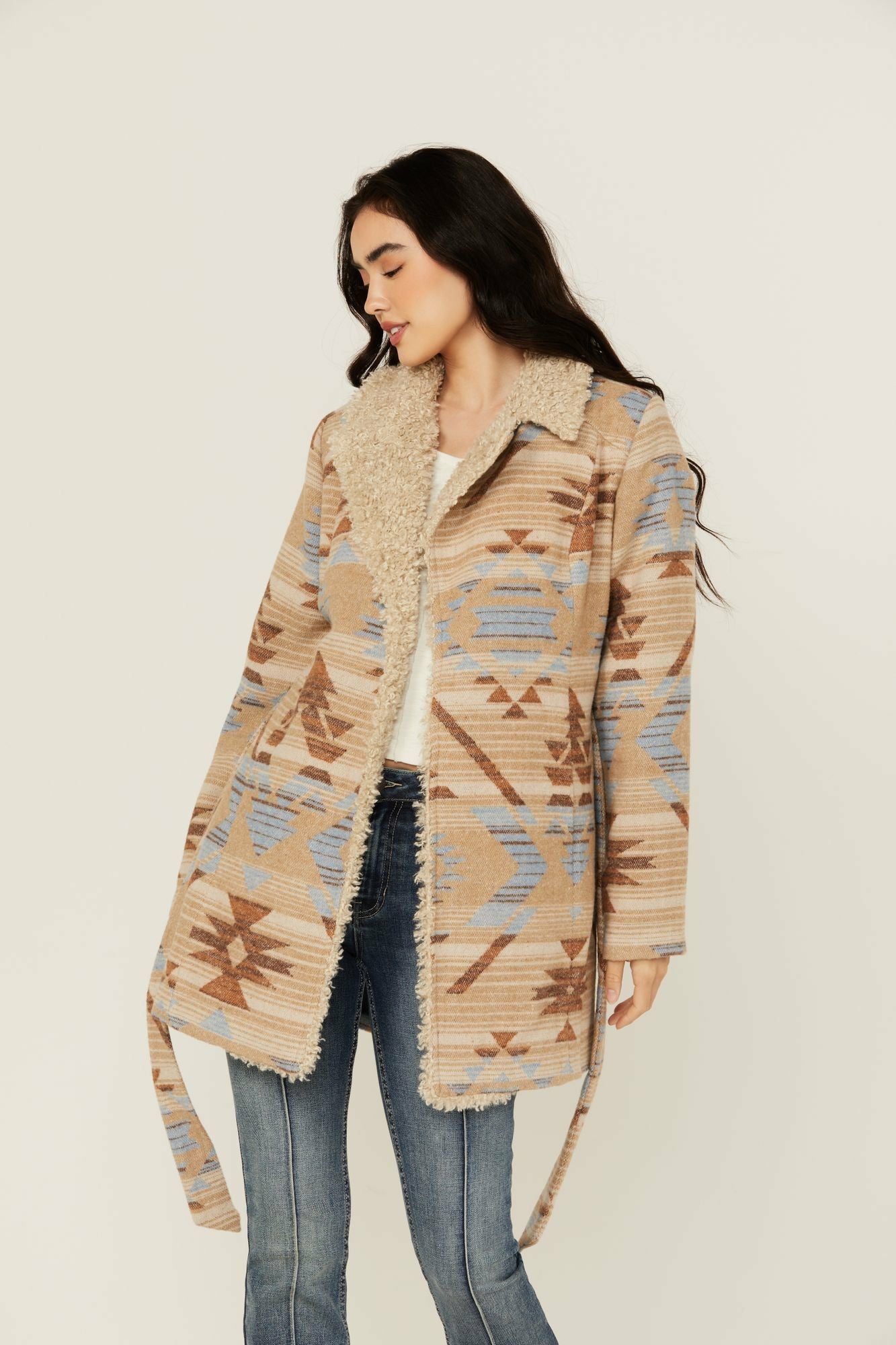 Idyllwind Lynn Southwestern Print Faux Fur Collar Shacket Sand