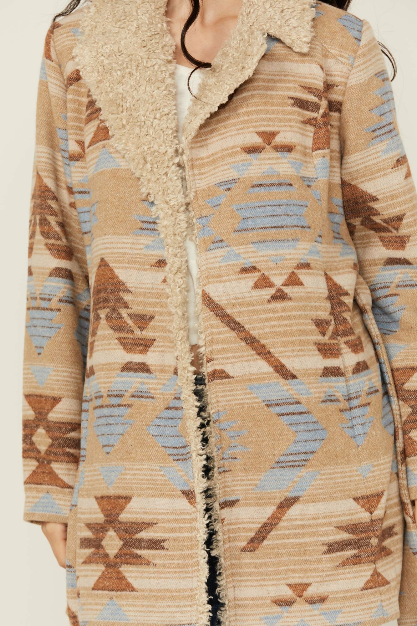 Idyllwind Lynn Southwestern Print Faux Fur Collar Shacket Sand