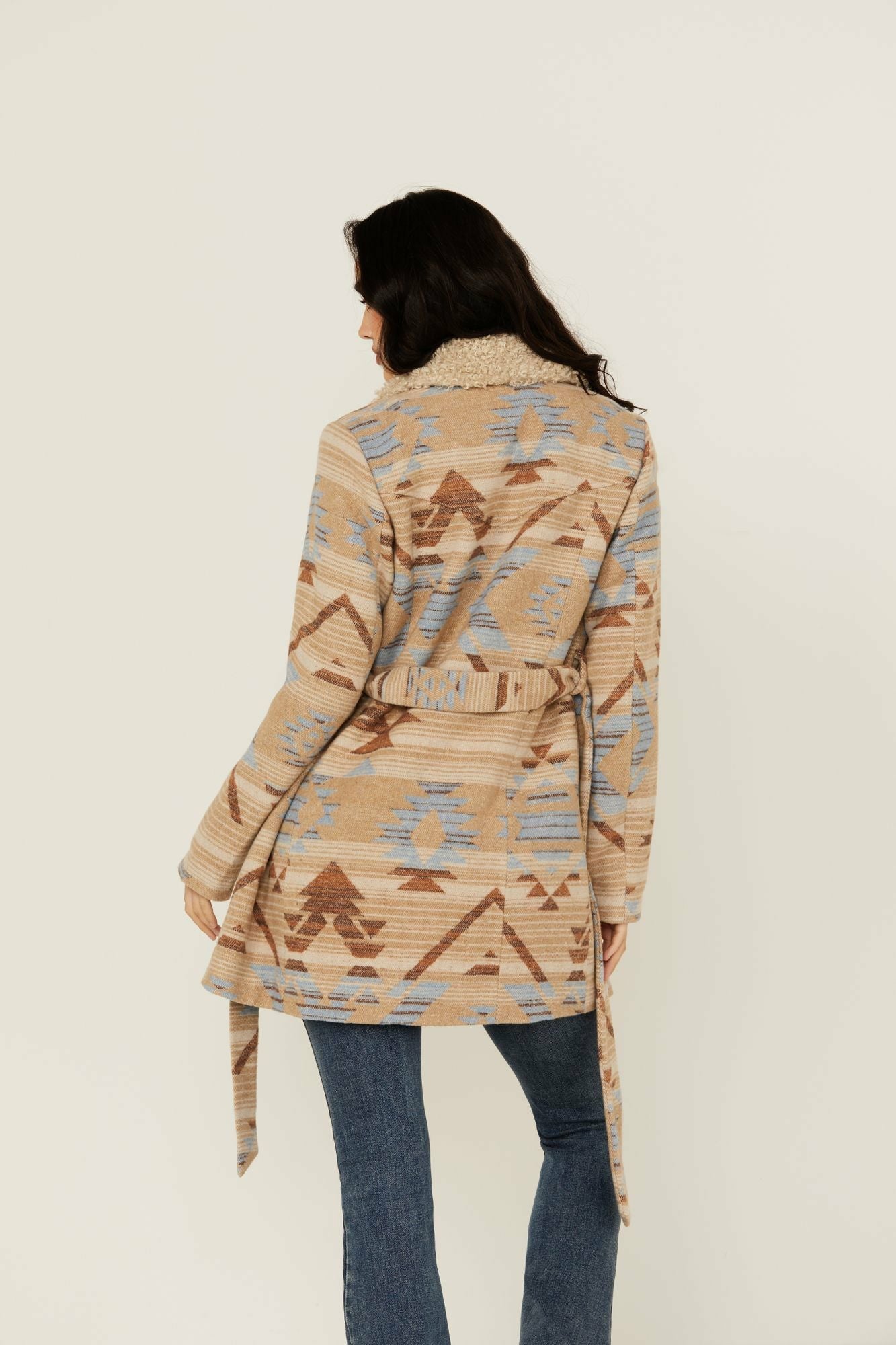 Idyllwind Lynn Southwestern Print Faux Fur Collar Shacket Sand