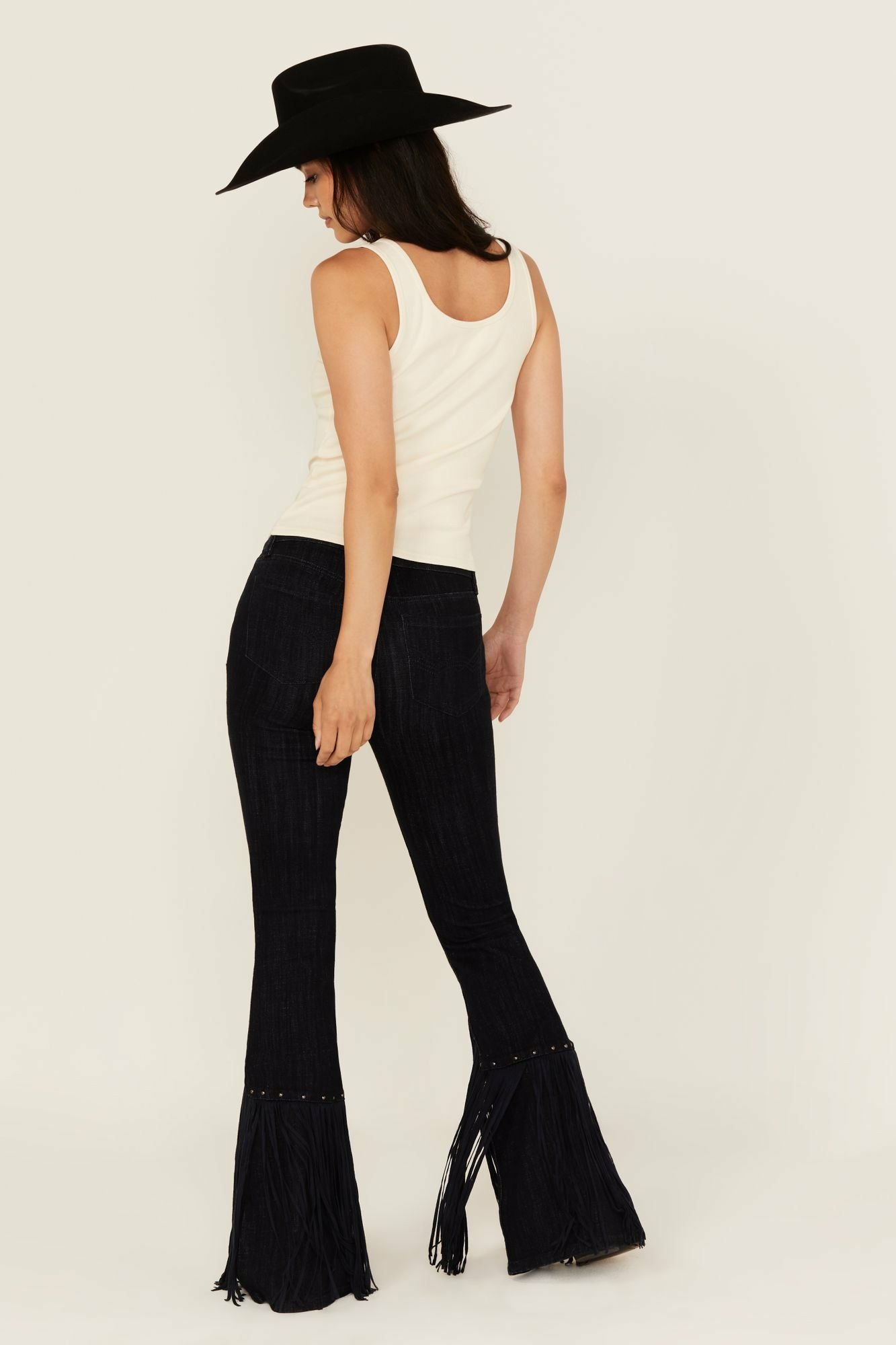 Idyllwind Magnolia Dark Wash Outlaw High Rise Studded Fringe Super Stretch Flare Jeans Dark Wash