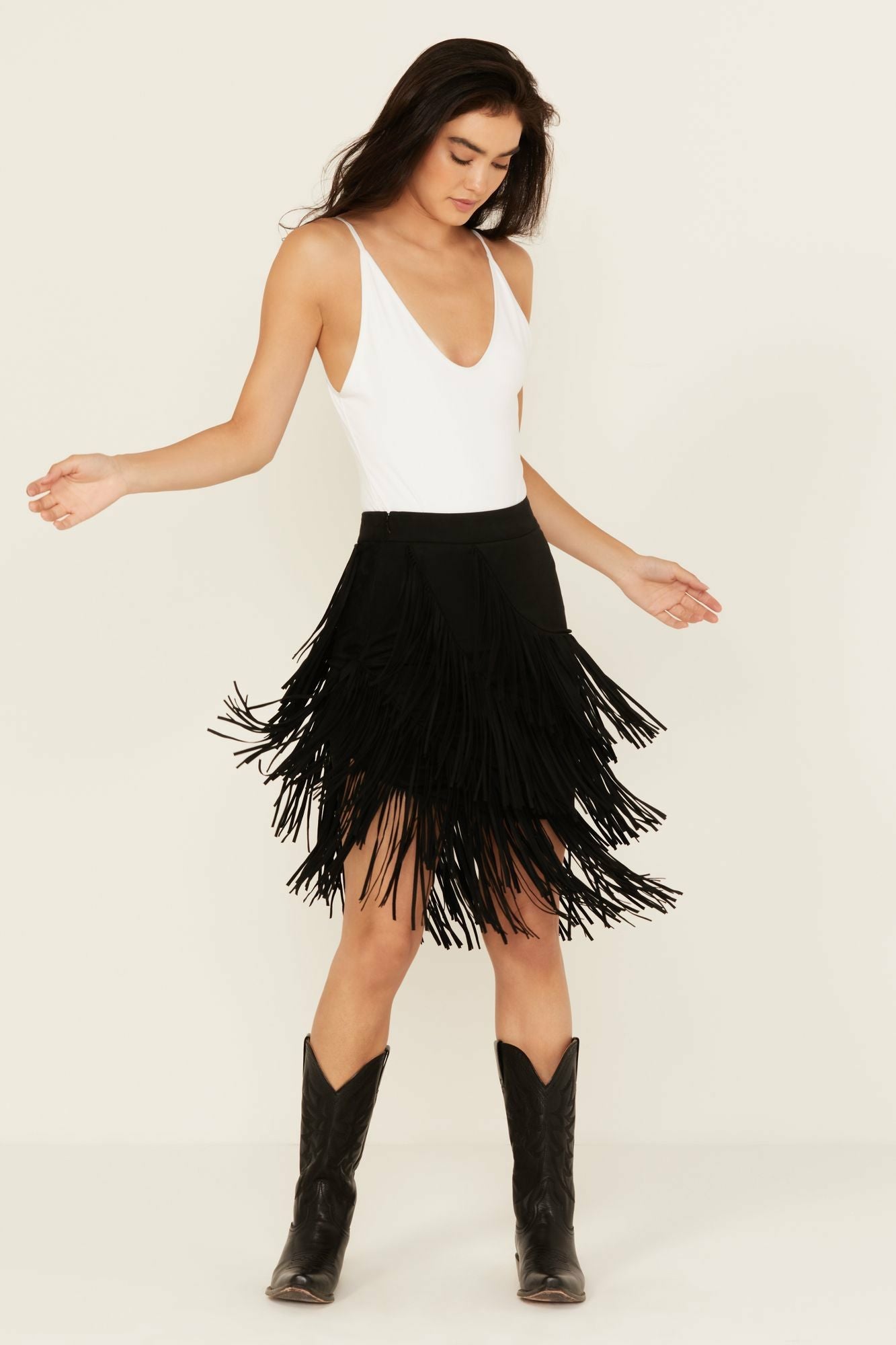 Idyllwind Tina Asymmetrical Faux Suede Fringe Mini Skirt Black