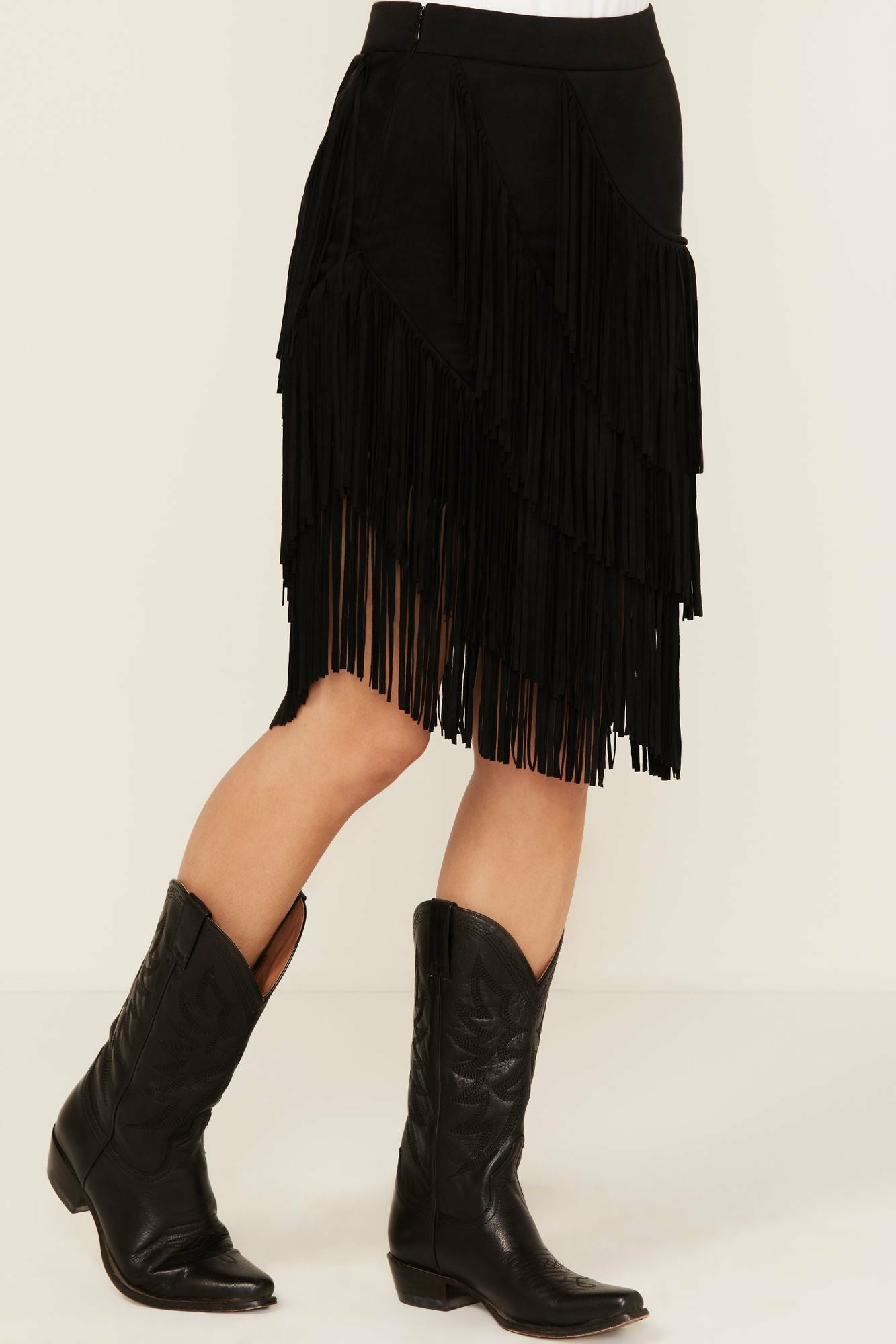 Idyllwind Tina Asymmetrical Faux Suede Fringe Mini Skirt Black