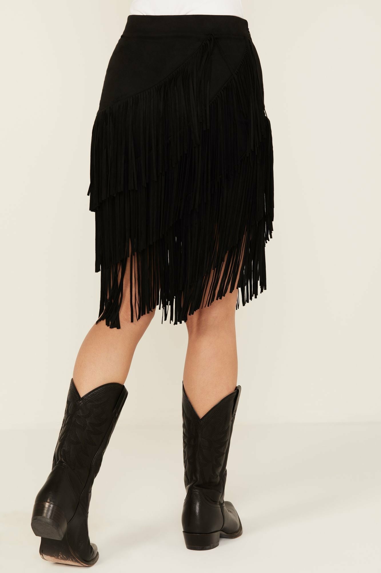 Idyllwind Tina Asymmetrical Faux Suede Fringe Mini Skirt Black