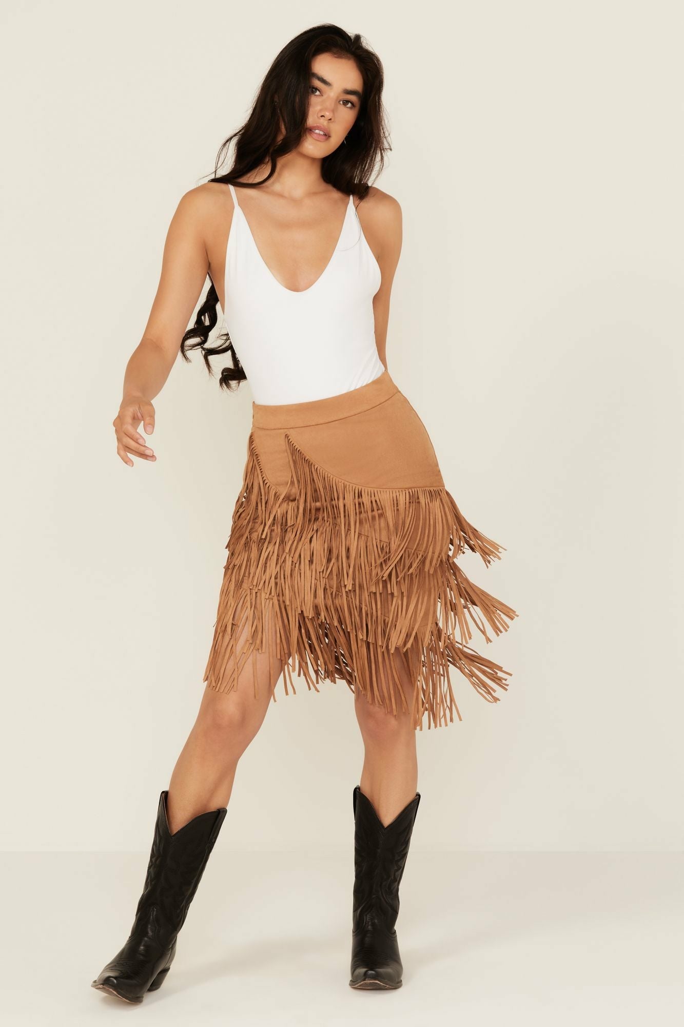 Idyllwind Tina Faux Suede Fringe Mini Skirt Tan