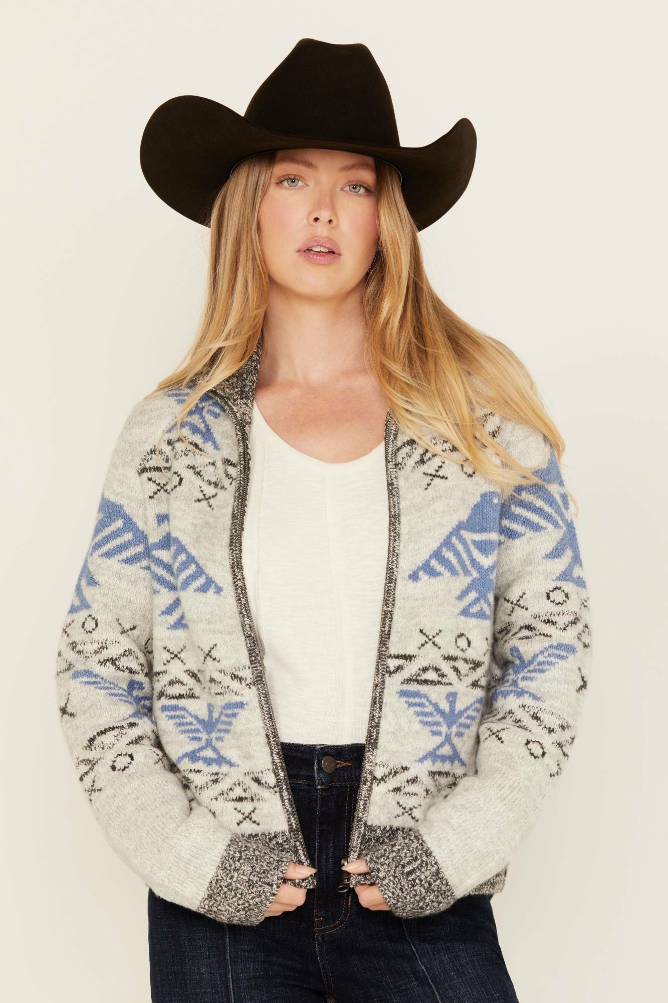 Idyllwind Lyle Thunderbird Zip Front Knit Sweater Heather Grey
