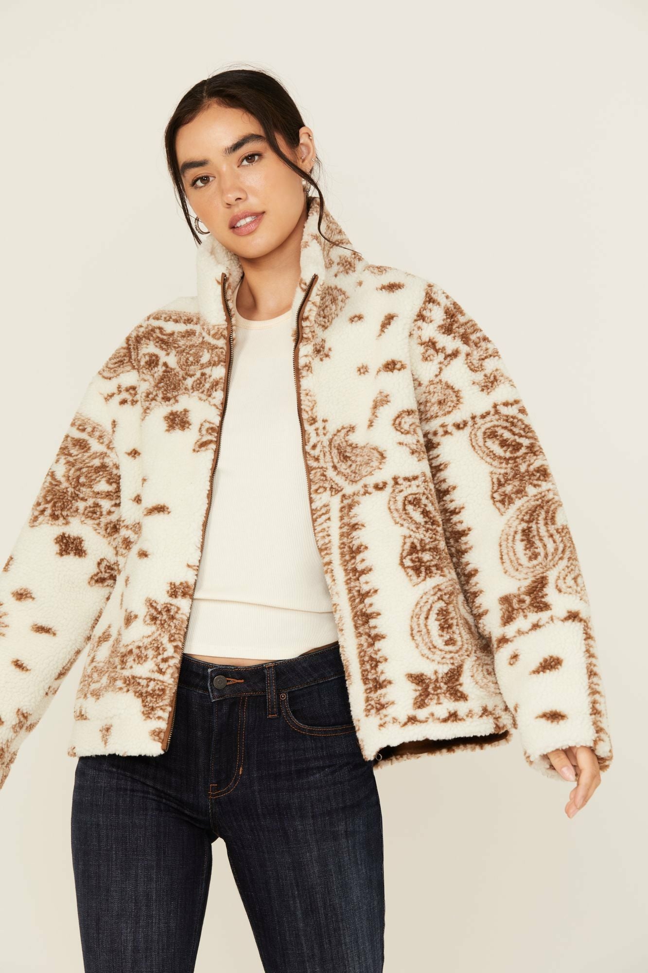 Idyllwind Casey Reversible Faux Suede and Sherpa Zip-Up Jacket Ivory