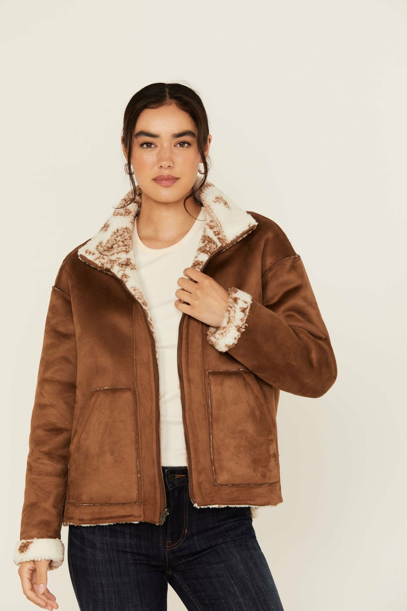 Idyllwind Casey Reversible Faux Suede and Sherpa Zip-Up Jacket Ivory